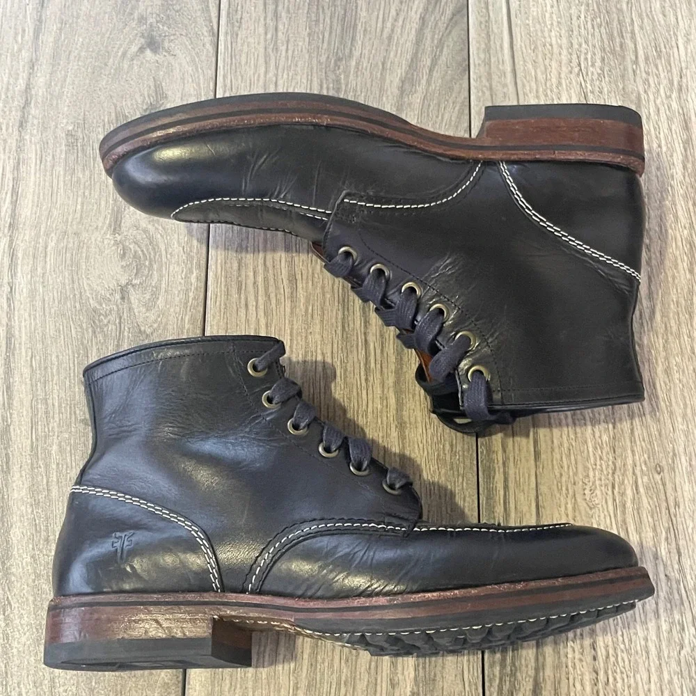 Frye Arkansas Logger Boots Men 7.5 D Black Leather Lace Up Ankle 3487107 Moc Toe